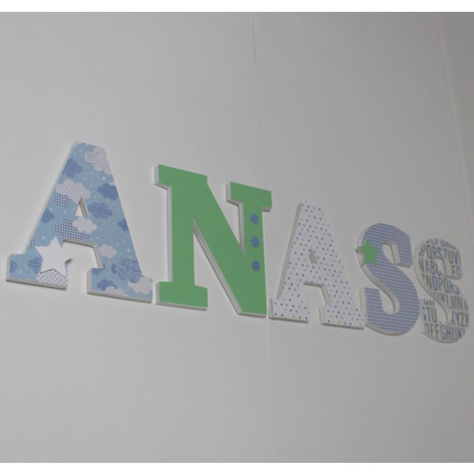 grand prénom décoré ANASS personnalisé vert pâle , bleu pâle : naissance, baptême, mylittledecor