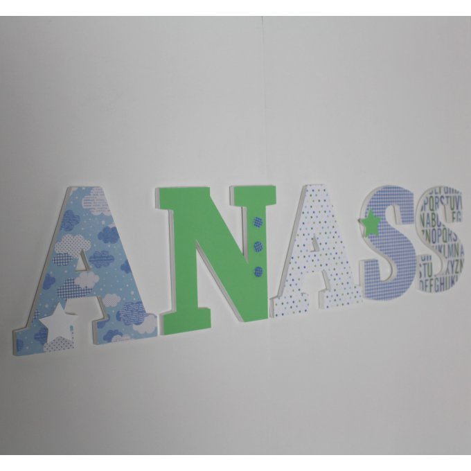 grand prénom décoré ANASS personnalisé vert pâle , bleu pâle : naissance, baptême, mylittledecor